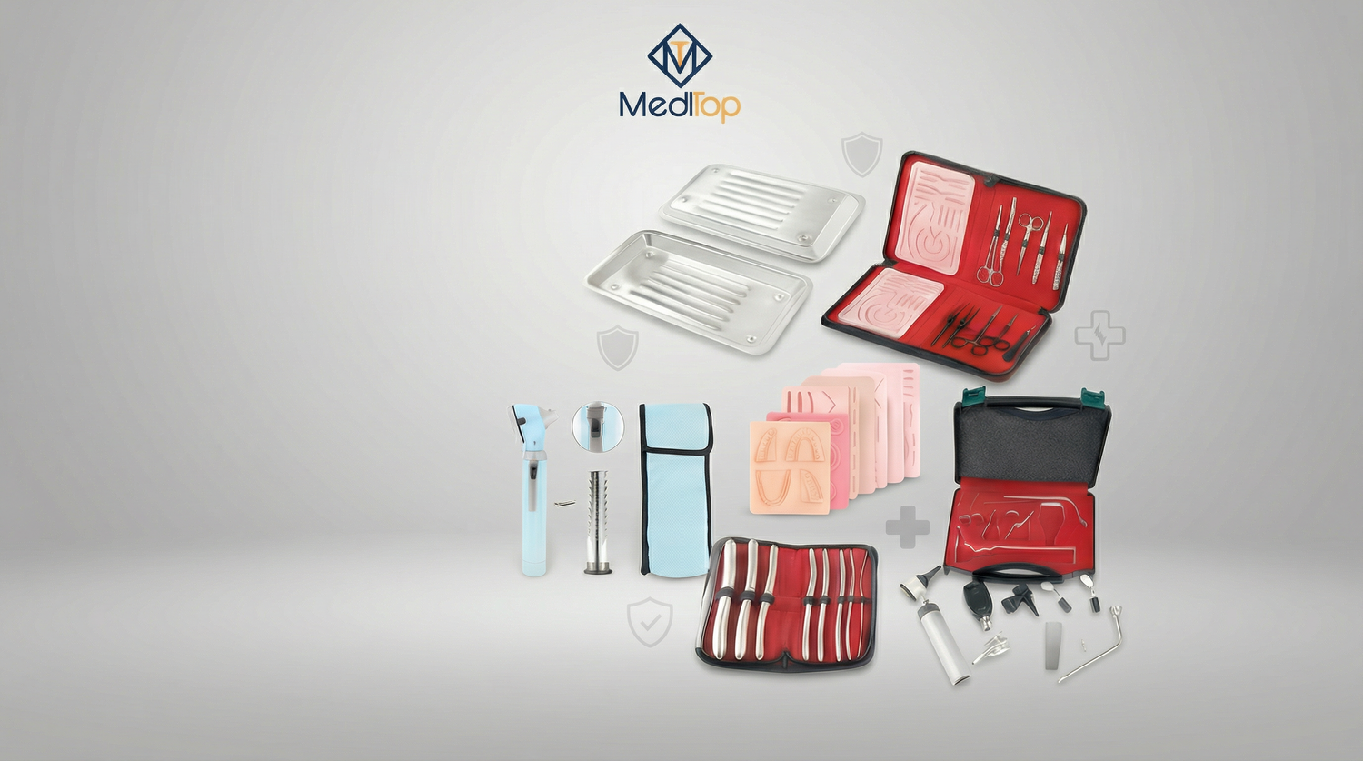 MediTop surgical instrument set with various components on a gray background