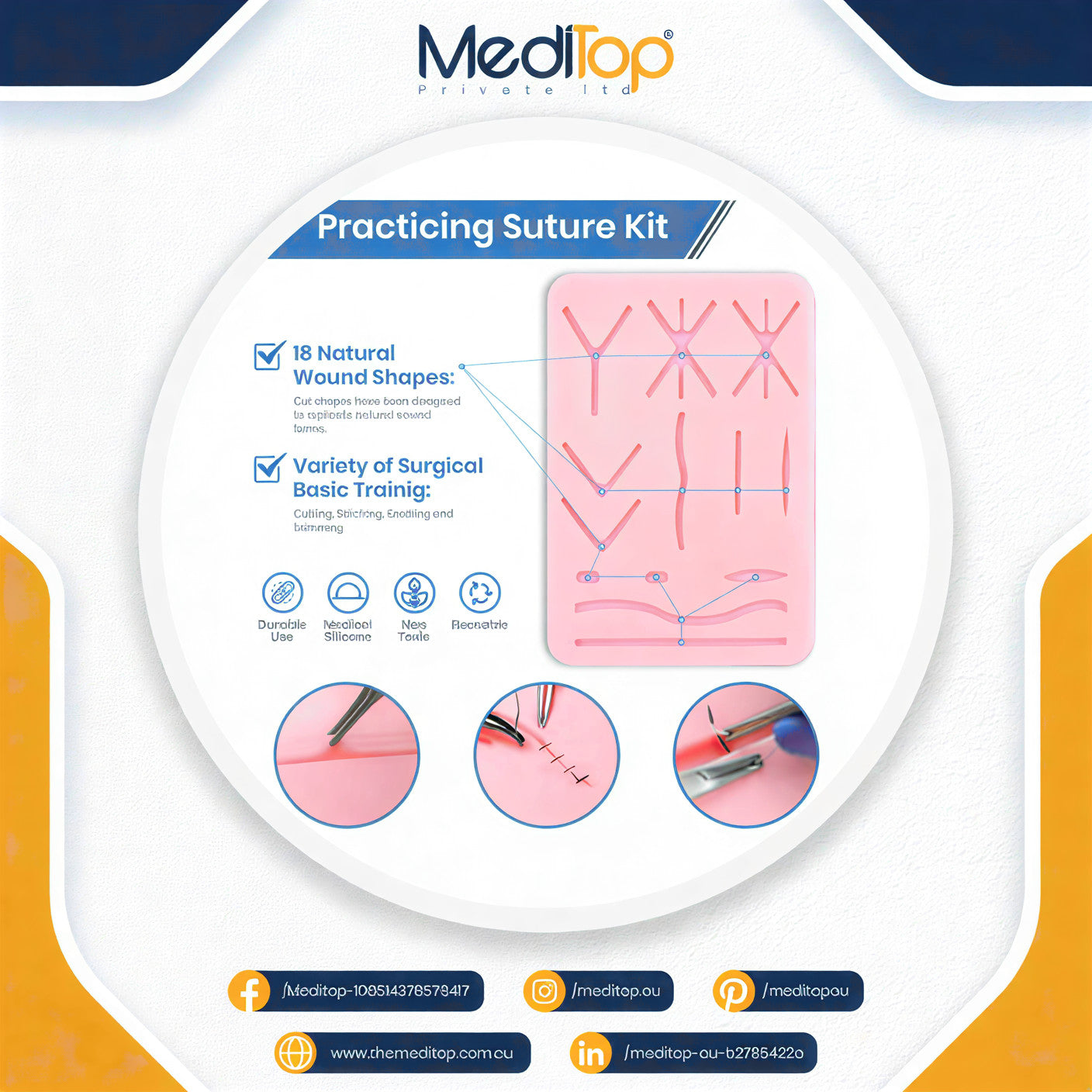 3-Layer Suture Practice Pad – Medical & Veterinary Training Silicone Skin Model (Self-Healing, 12mm)